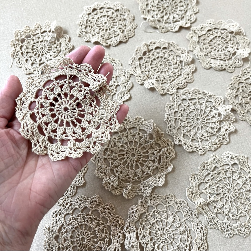 15 Handmade Crochet Doilies Set of Antique Vintage Ivory Lace Lot